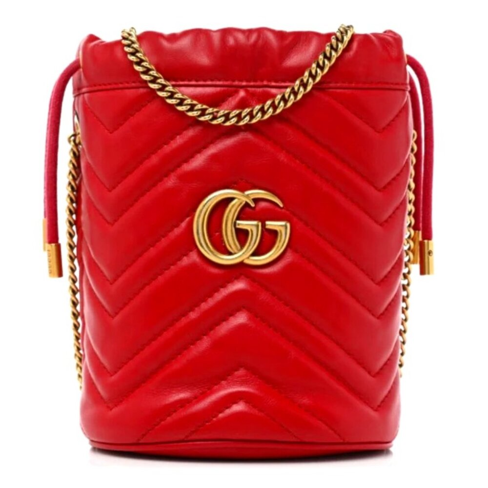 GUCCI Calfskin Matelasse Mini GG Marmont 2.0 Bucket Hibiscus Red